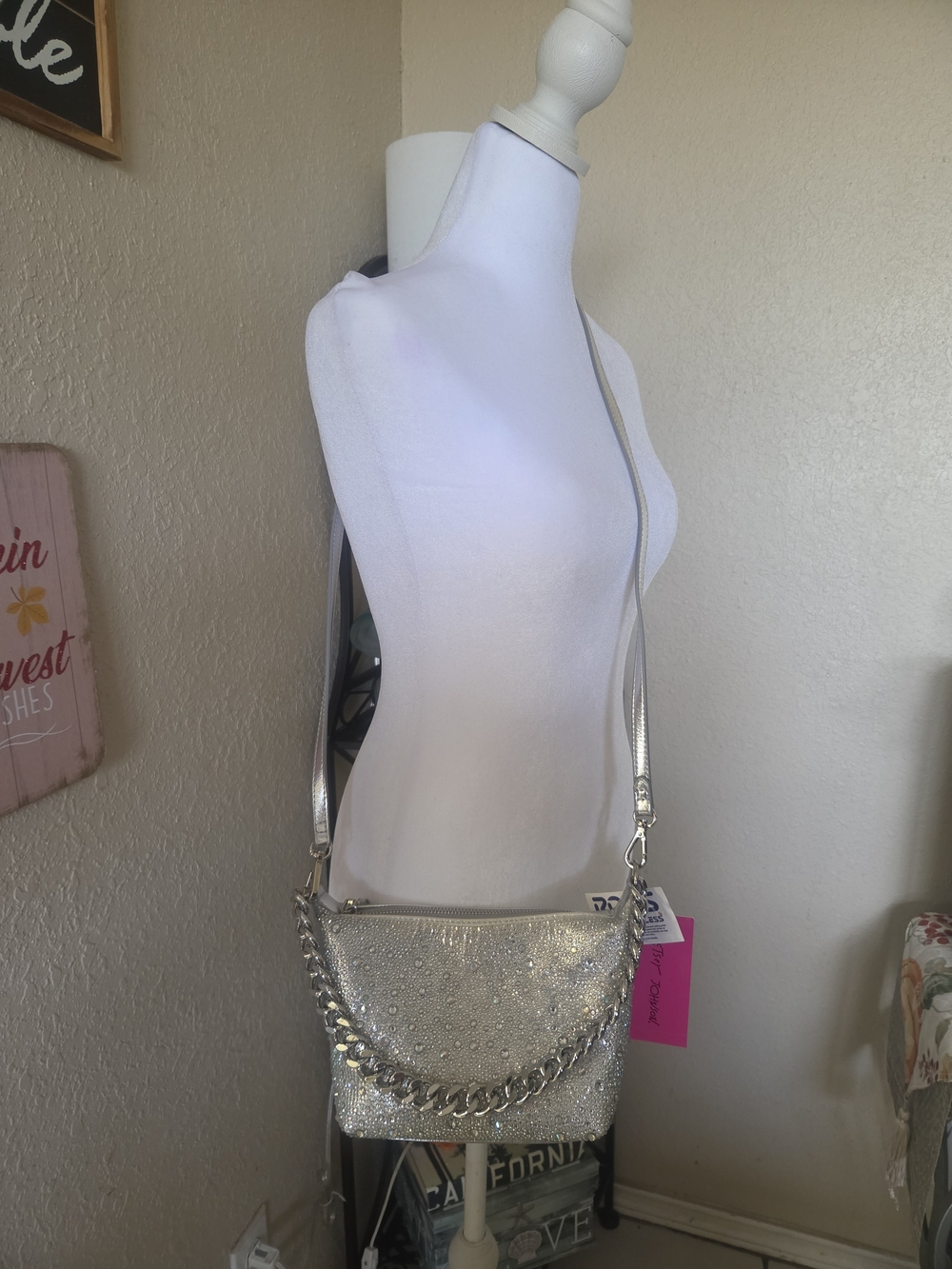 Betsey Johnson Silver Glitter Chain Strap Crossbody Bag